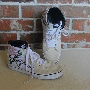 Tan high top vans with checker and flower pattern